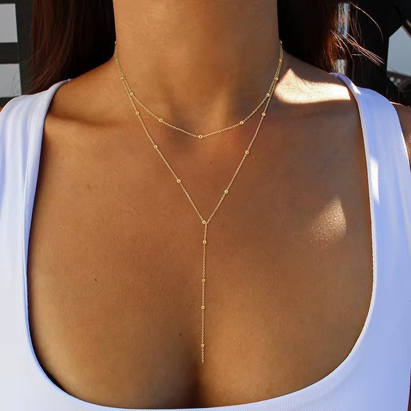 Fashion Simple Geometric Tassel Bead Collarbone Chain Necklace for Women Long Necklace Accessories Gifts Jewelry
